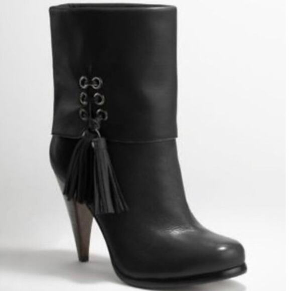 Coach Legra Black Soft Genuine Leather Fringe Tassel Heeled Midi Boots - Picture 2 of 10